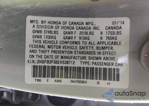 2014 Honda Civic Lx из США, поврежденный, VIN 2HGFB2F56EH538712